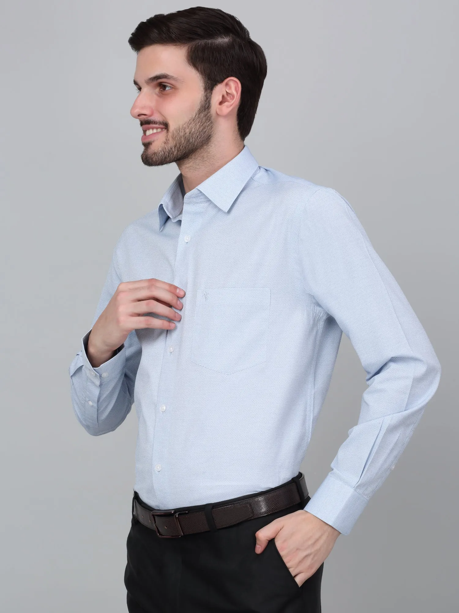 Men's Sky Blue Self Design Full Sleeve Formal Shirt