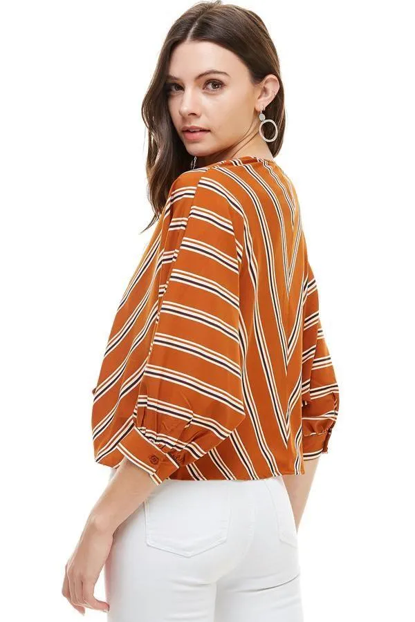 Multi Color Stripe V Neck Doman Sleeve Tie Front Blouse