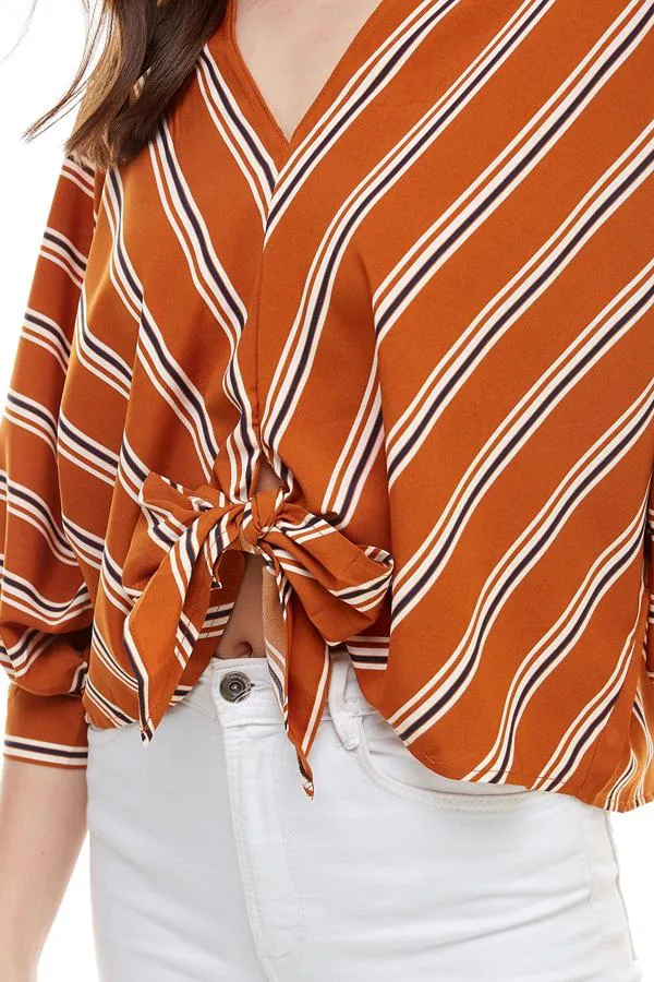 Multi Color Stripe V Neck Doman Sleeve Tie Front Blouse