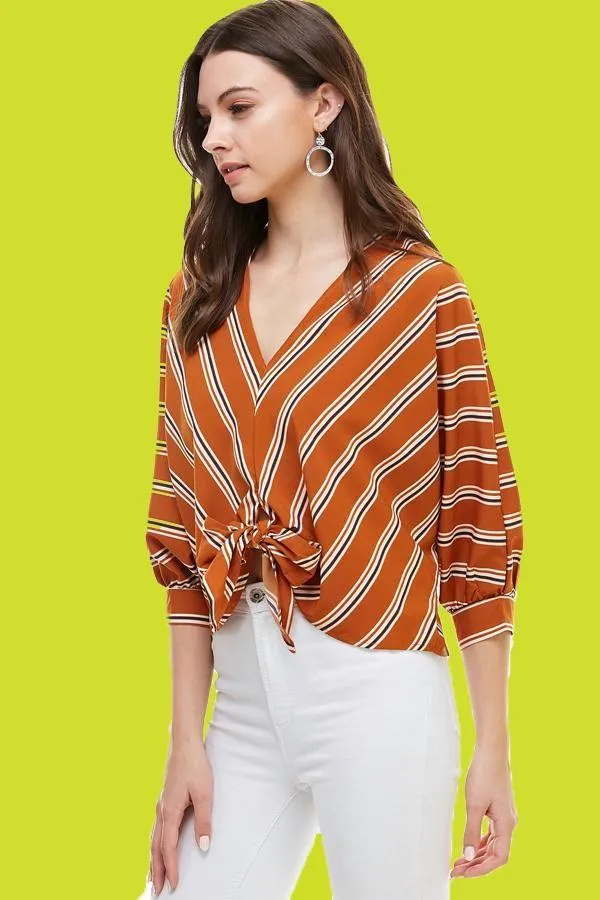 Multi Color Stripe V Neck Doman Sleeve Tie Front Blouse