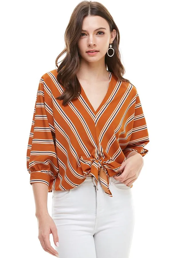 Multi Color Stripe V Neck Doman Sleeve Tie Front Blouse