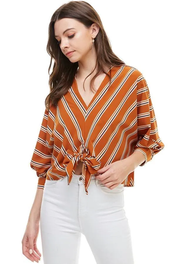 Multi Color Stripe V Neck Doman Sleeve Tie Front Blouse