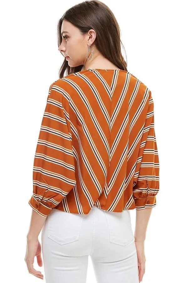 Multi Color Stripe V Neck Doman Sleeve Tie Front Blouse