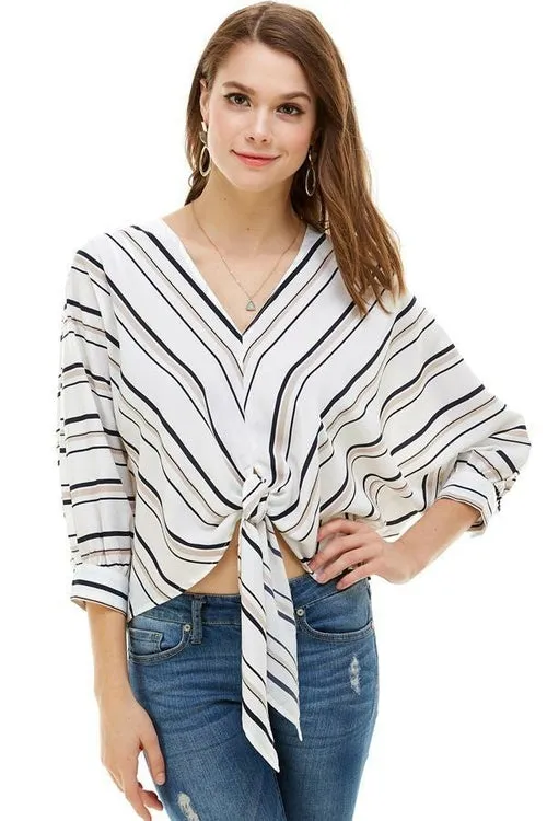 Multi Color Stripe V Neck Doman Sleeve Tie Front Blouse