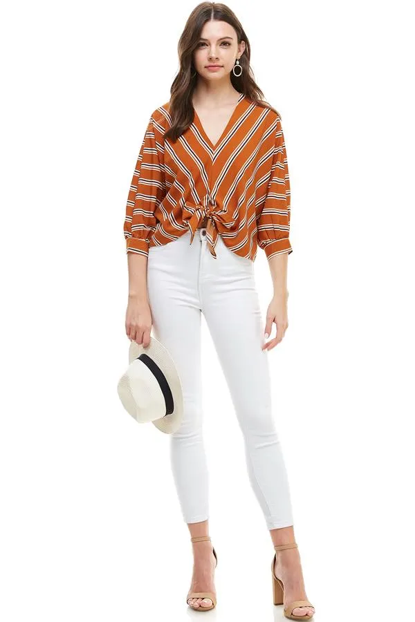 Multi Color Stripe V Neck Doman Sleeve Tie Front Blouse