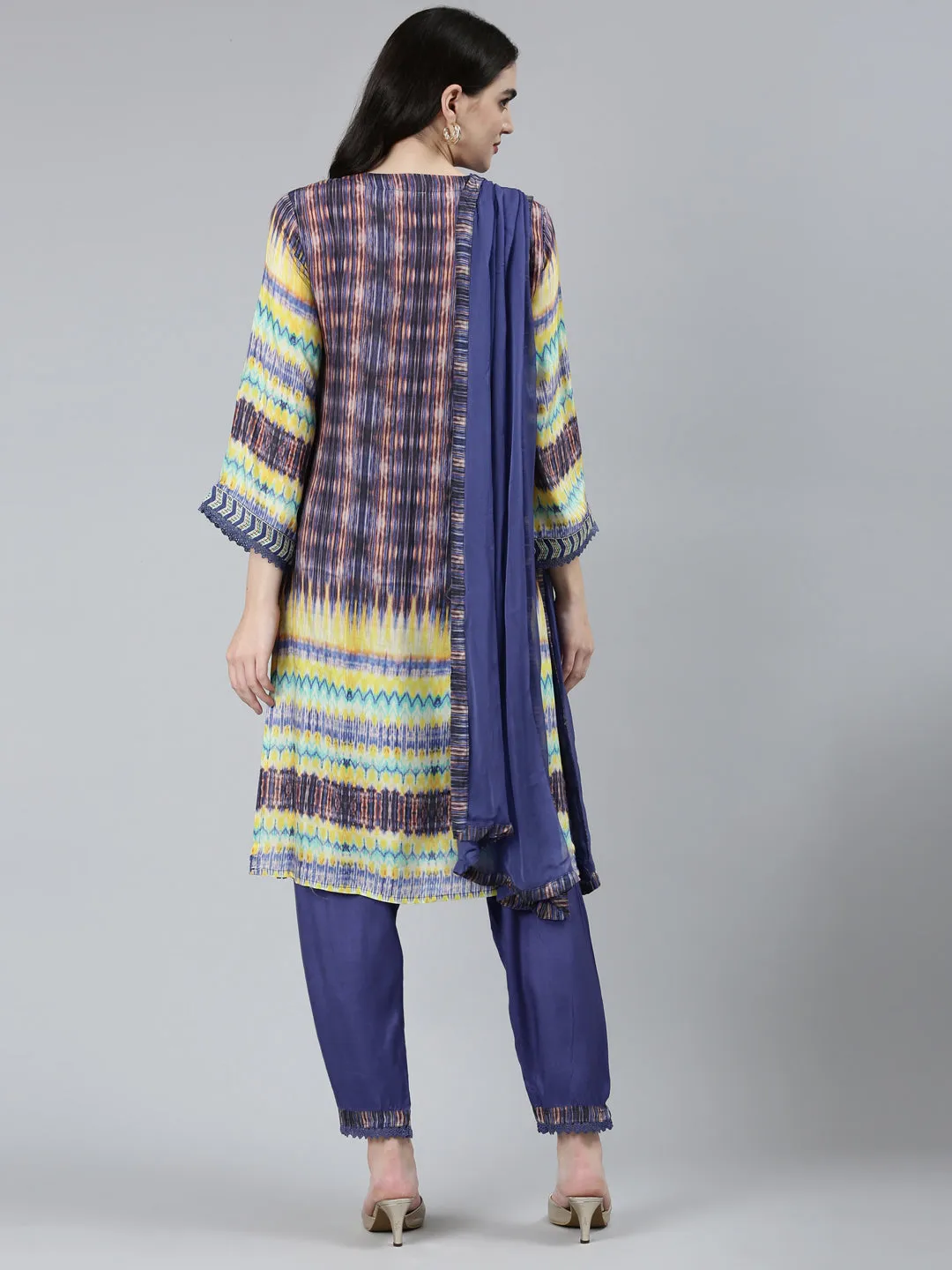 Neeru's Blue Regular Straight Chevron Kurta Sets And Trousers With Dupatta