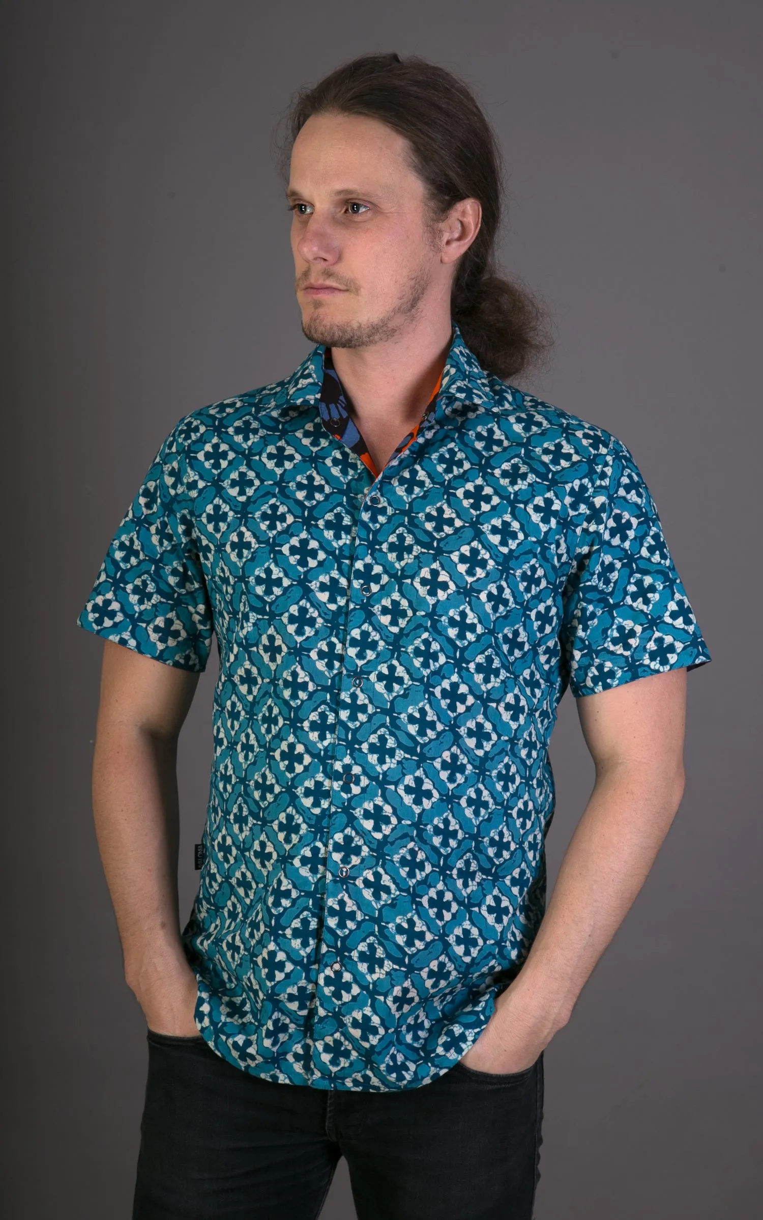 Orange Floral Blue Geometric Print Cotton Slim Fit Mens Shirt Short Sleeve