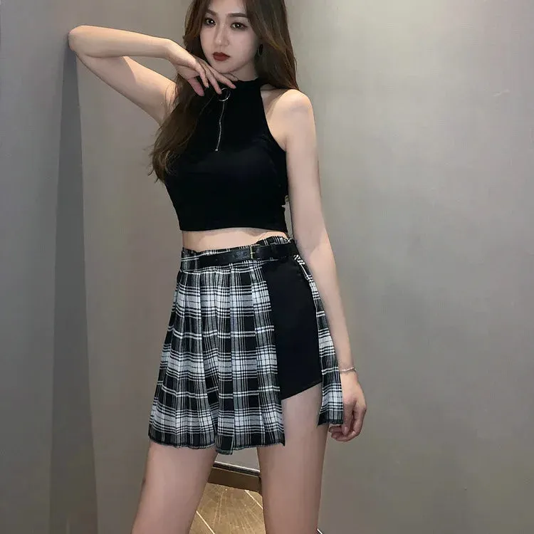 Plaid Side Slit Bodycon Mini Skirt