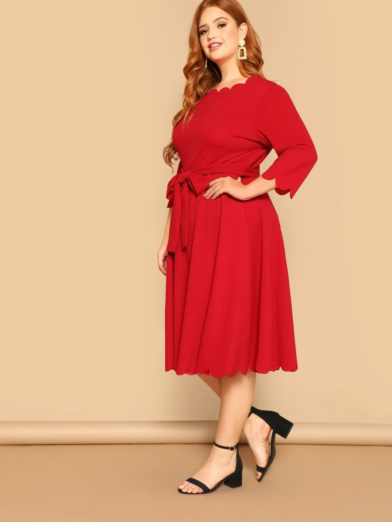 Plus Scalloped Trim Belted Fit & Flare Dress