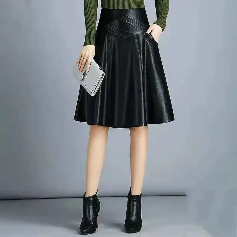 PU Leather Knee-Length Skirt