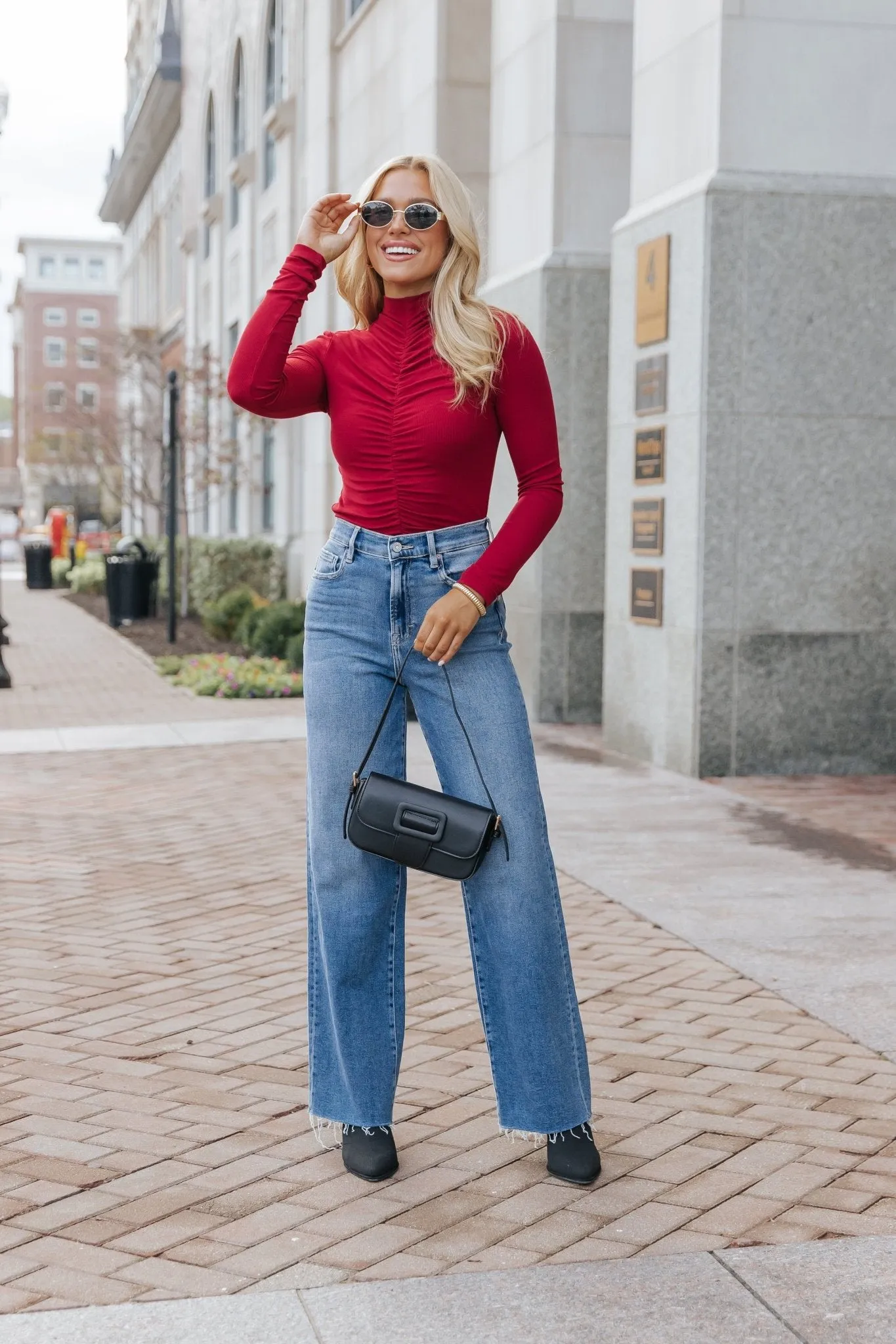 Red Cinched Mock Neck Top - FINAL SALE