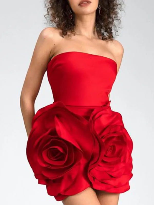 Tube Mini Dress with Oversized Rose Applique for Parties