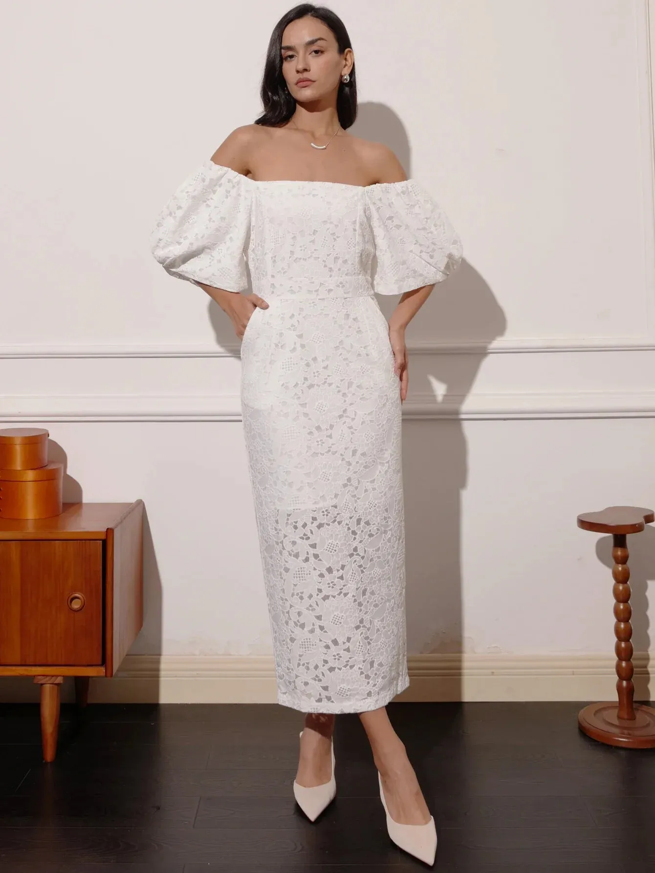 Wedding Reception Elegant Balloon Sleeve Midi Dress