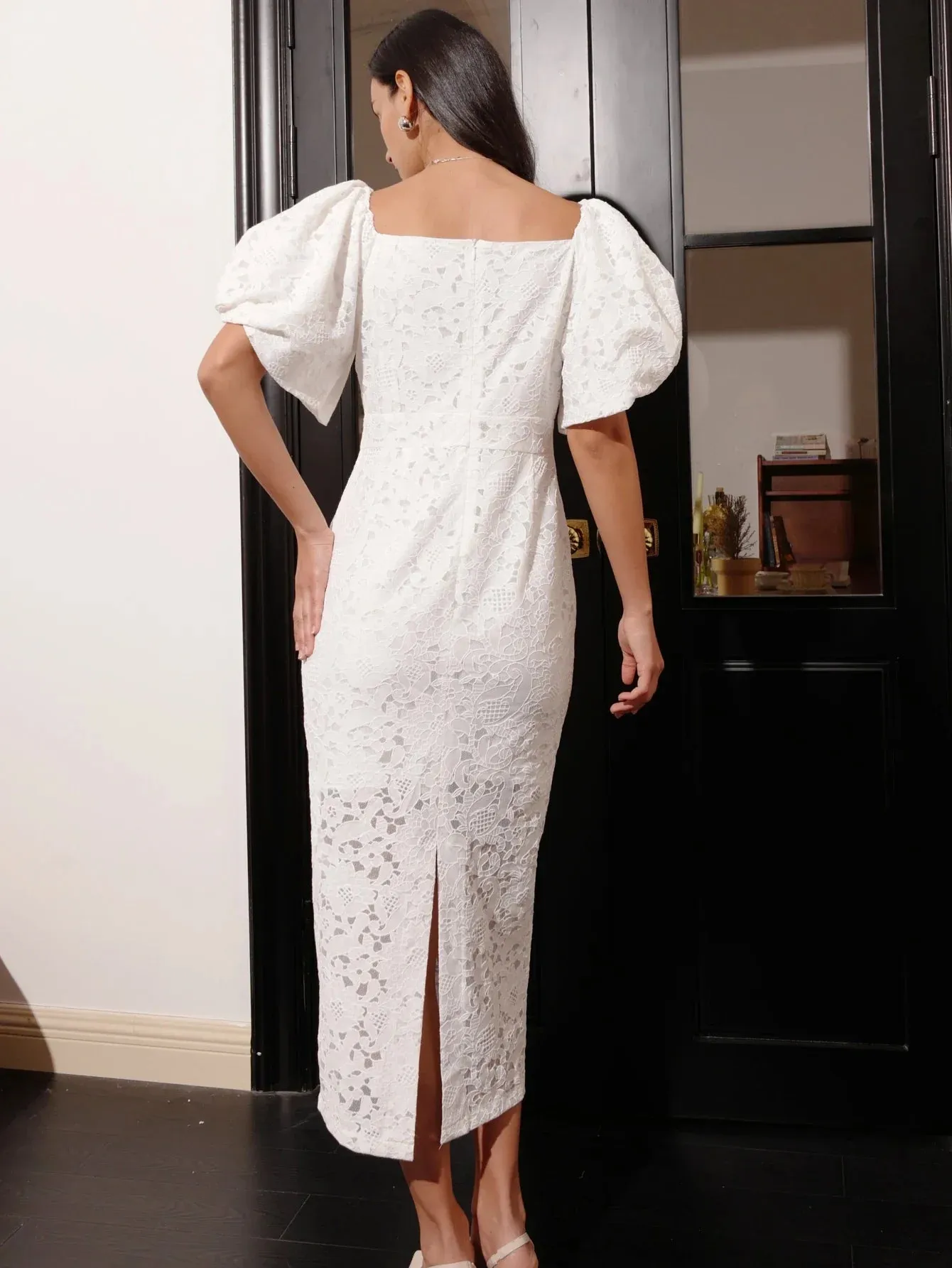 Wedding Reception Elegant Balloon Sleeve Midi Dress