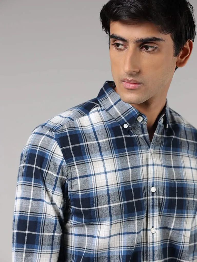 WES Casuals Blue Lindsay Checked Cotton Slim-Fit Shirt