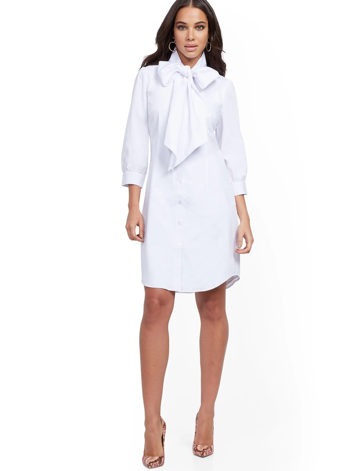 White Tie-Neck Poplin Shirtdress