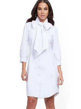 White Tie-Neck Poplin Shirtdress