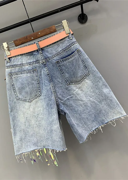 Women Blue Print Nail Bead Tassel Ripped Shorts TY1021