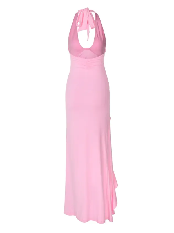 Women's Ruffle Bodycon Plunging Halter Maxi Dress for Wedding Receptions