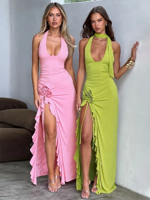 Women's Ruffle Bodycon Plunging Halter Maxi Dress for Wedding Receptions