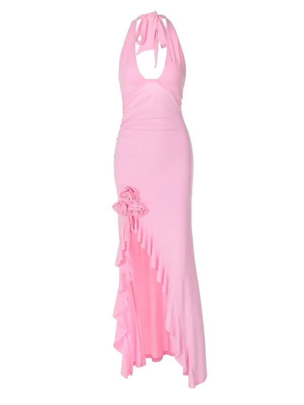 Women's Ruffle Bodycon Plunging Halter Maxi Dress for Wedding Receptions